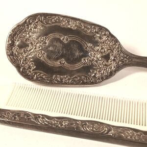 Vintage Silver Plated Ornate Floral Hair Brush And Comb Vanity Set